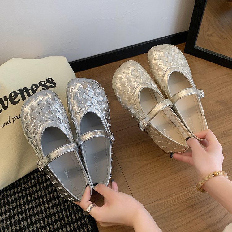 简约风~2023春新款皮带扣方头平底编织女单鞋