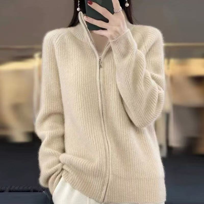 春天5【高品质】秋冬韩版翻领拉链新款立领开衫慵懒毛衣外套高领