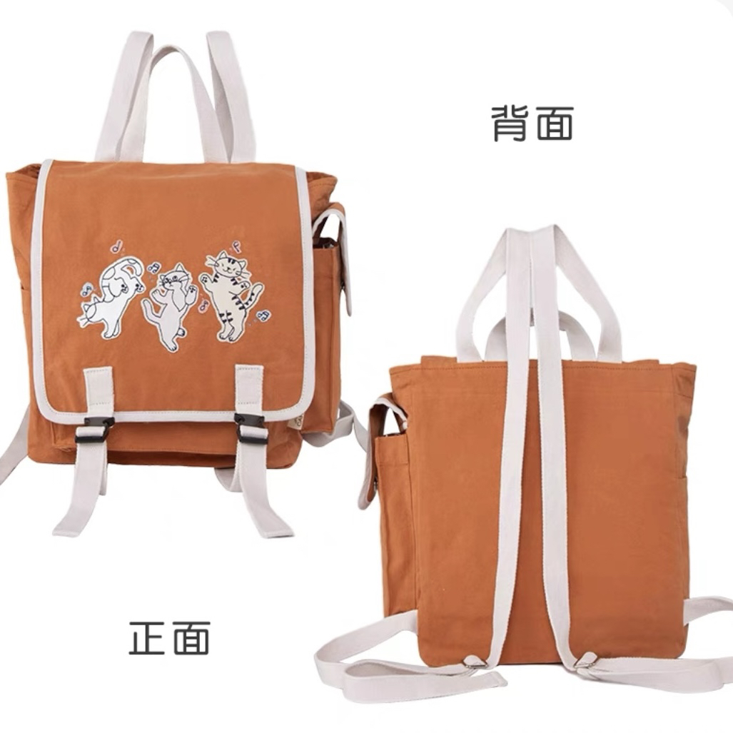 跳舞猫咪双肩包卡拉猫学生少女帆布日系森系百搭可爱书包背包