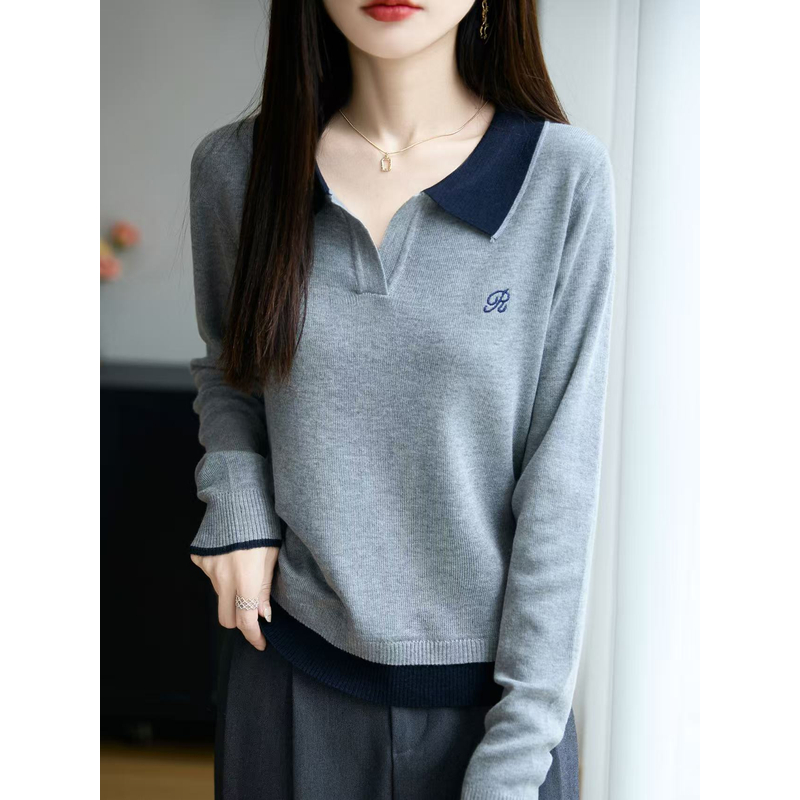 新款精纺羊毛秋装长袖针织衫女拼色打底衫女士内搭
