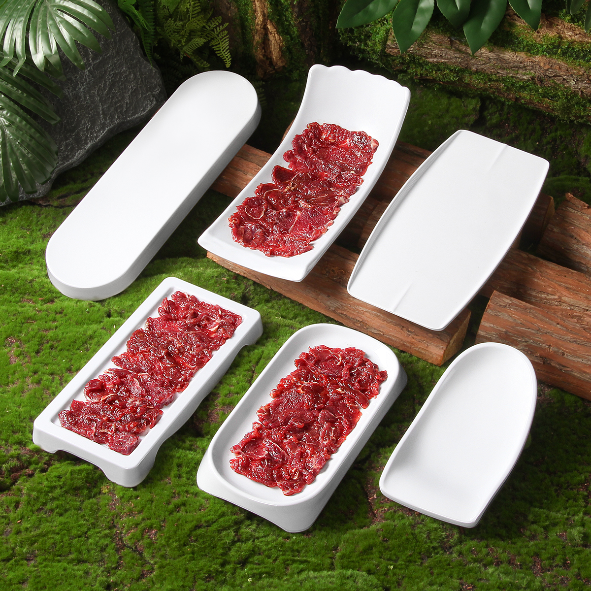密胺餐具盘子潮汕牛肉火锅店白色长方形配菜盘创意自助餐盘