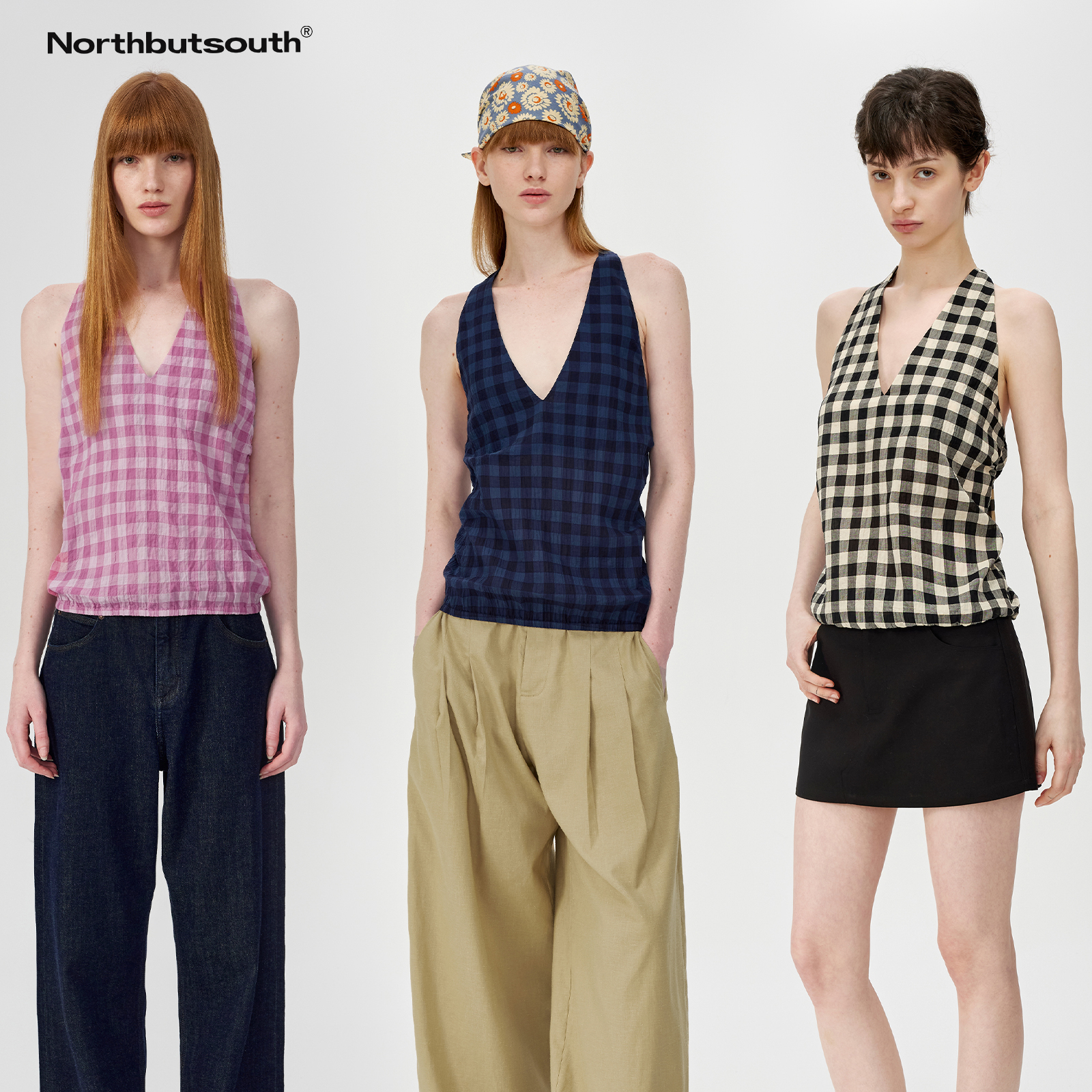 Northbutsouth三色经典格纹系带挂脖深v露背上衣