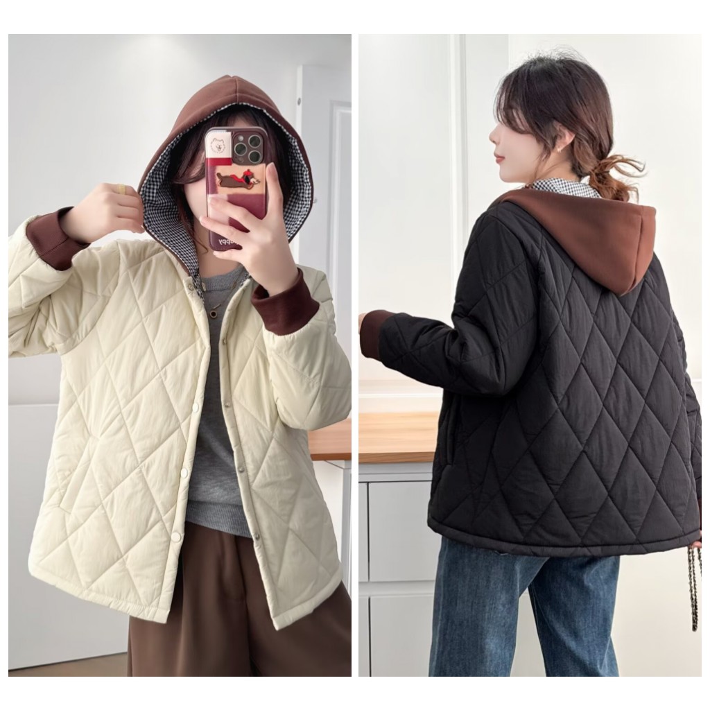 100-190斤微胖大码女装冬装连帽撞色简约显瘦菱格纯色棉衣棉服