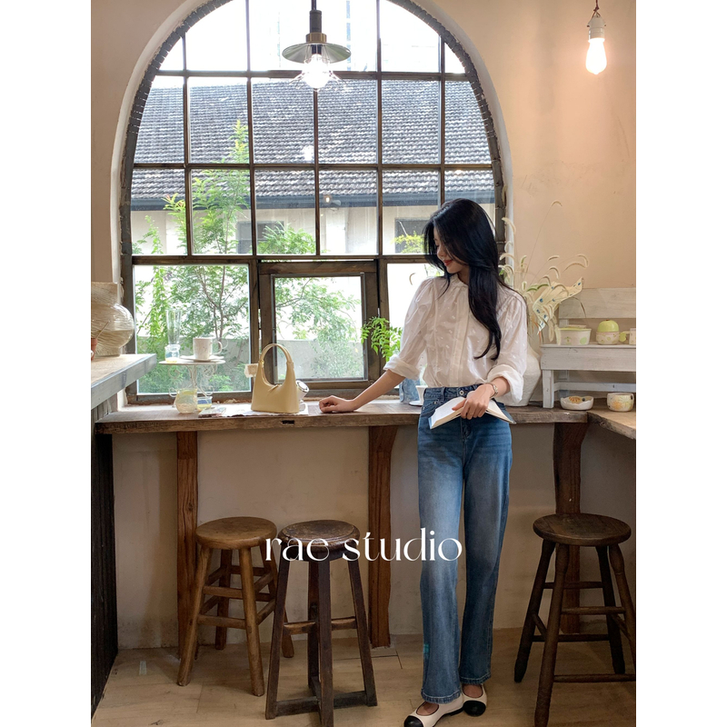 【Rae】简约高级百搭长绒棉微弹阔腿牛仔裤r3090n