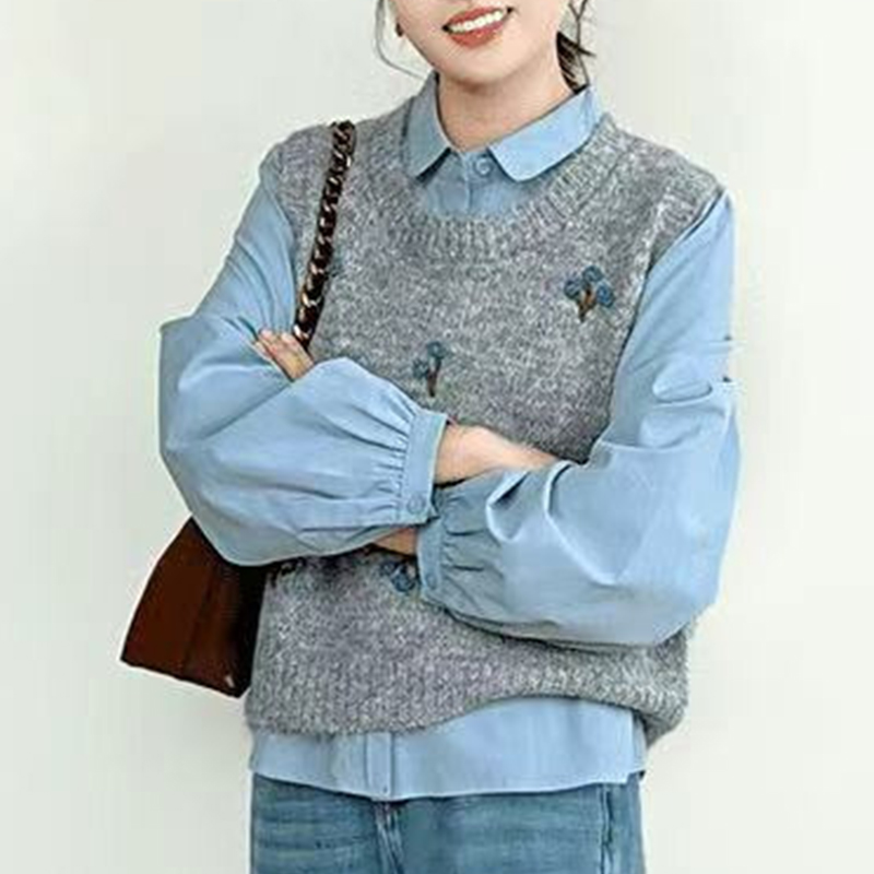 韩版时尚上衣两件套女设计感灰色针织马甲法式气质百搭长袖衬衫