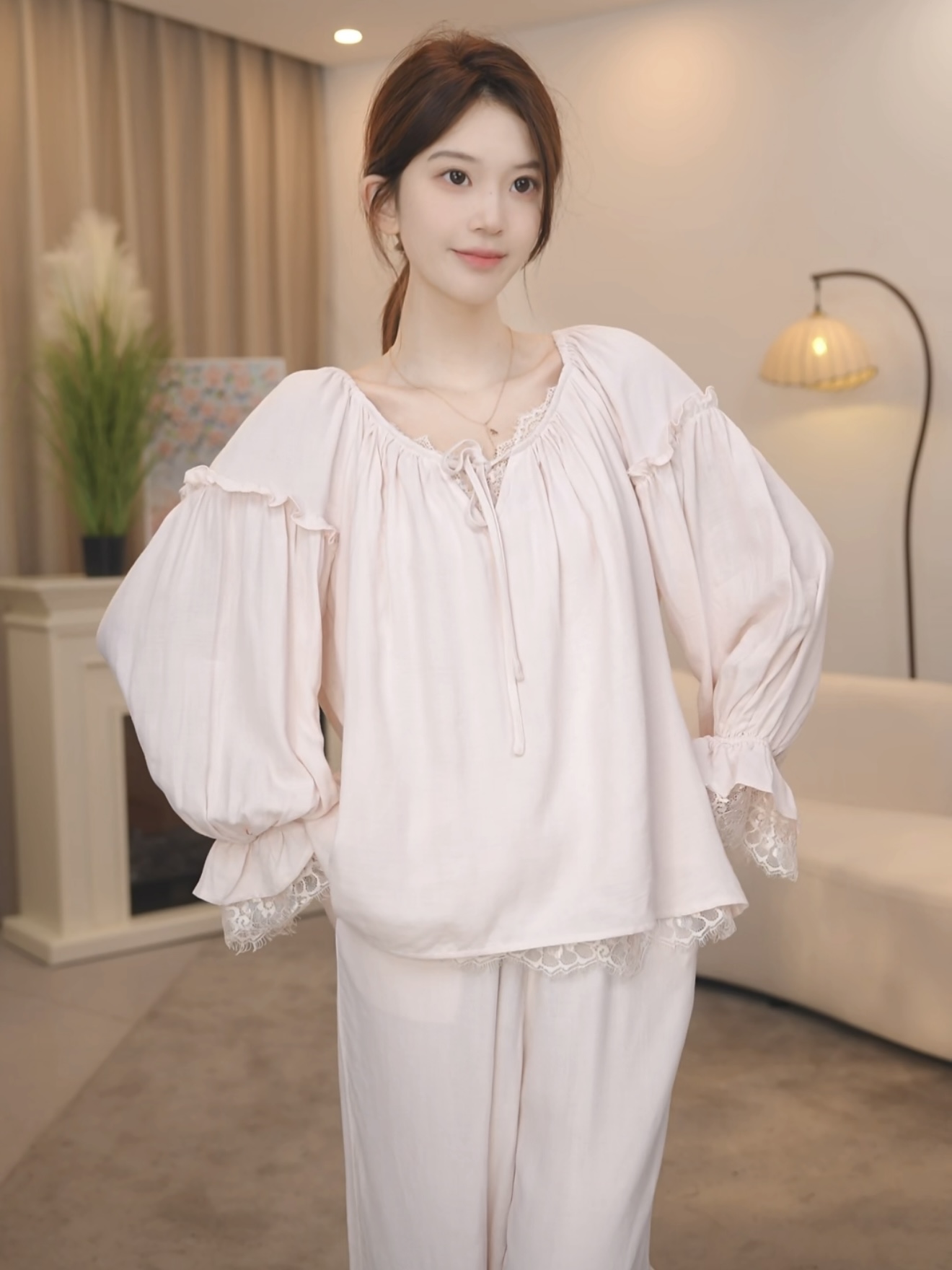 板栗小姐【欣融】春秋长袖甜美风全棉双层纱睡衣家居服套装可外穿