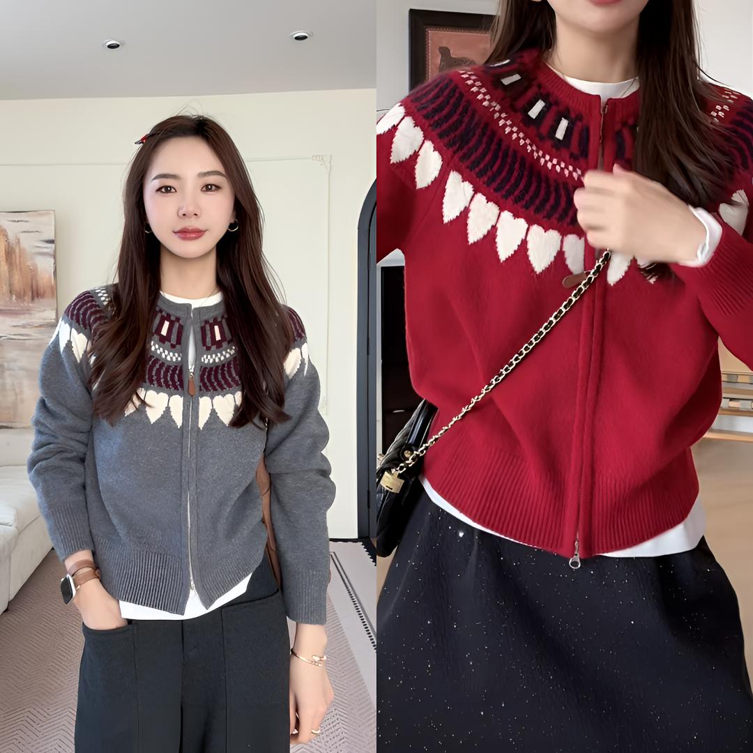 【余欢欢】冬季时尚百搭简约圆领爱心费尔岛拉链毛衣-YHW51235