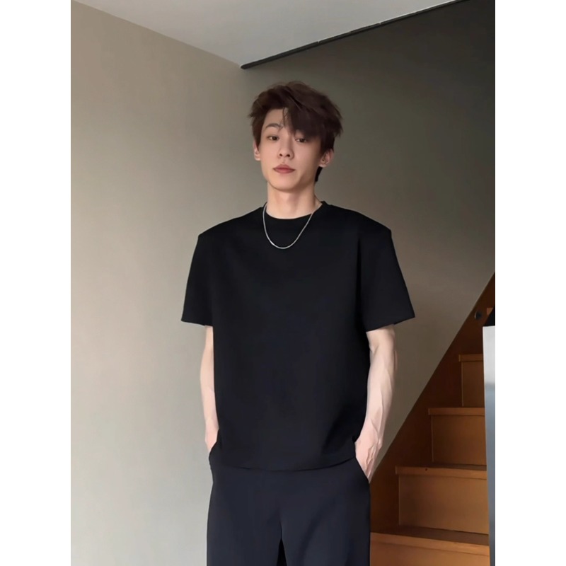 黑色美式正肩短袖男款夏季小领口痞帅t袖高级感重磅boxy硬挺半袖