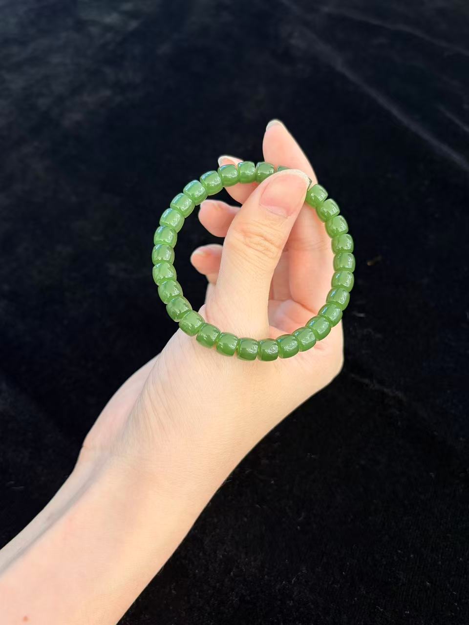 和田玉满绿直切珠手串卡6百搭时尚
