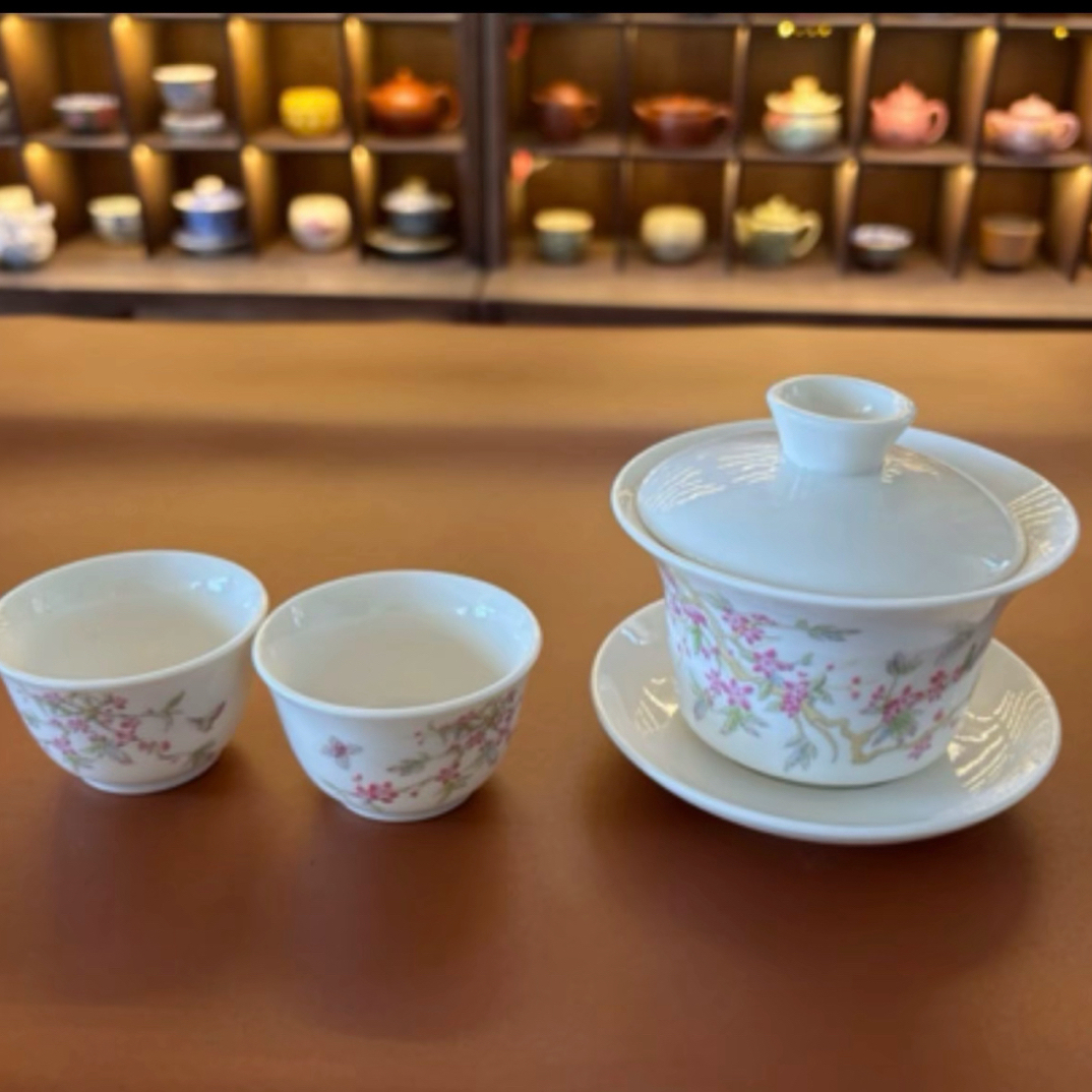 A01-羊脂玉紫藤花三才盖碗一盖碗加两杯