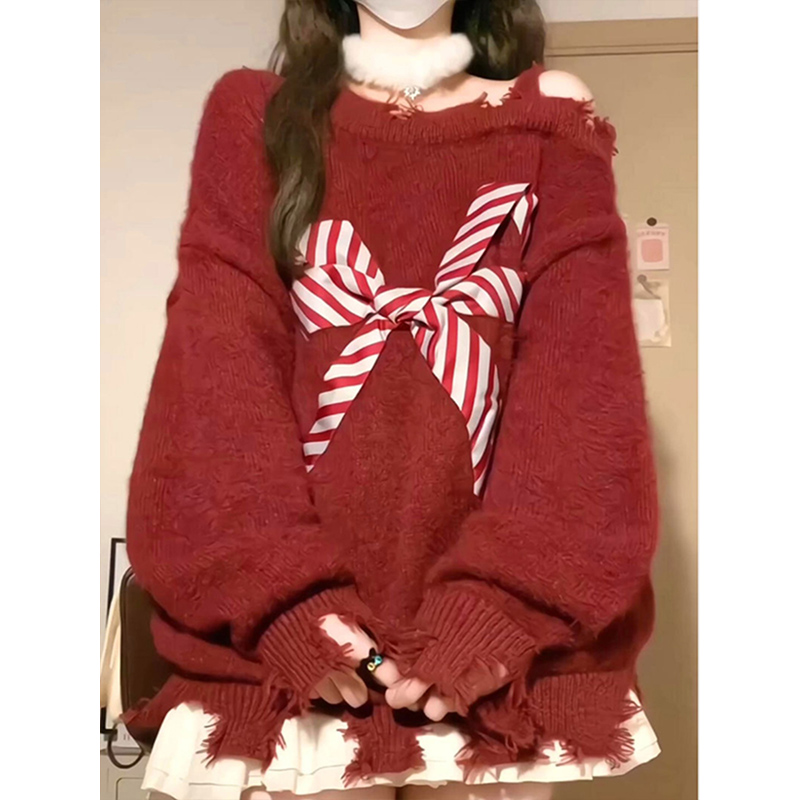 圣诞蝴蝶结红色一字领长袖毛衣女宽松秋冬斜领露肩辣妹针织衫外套