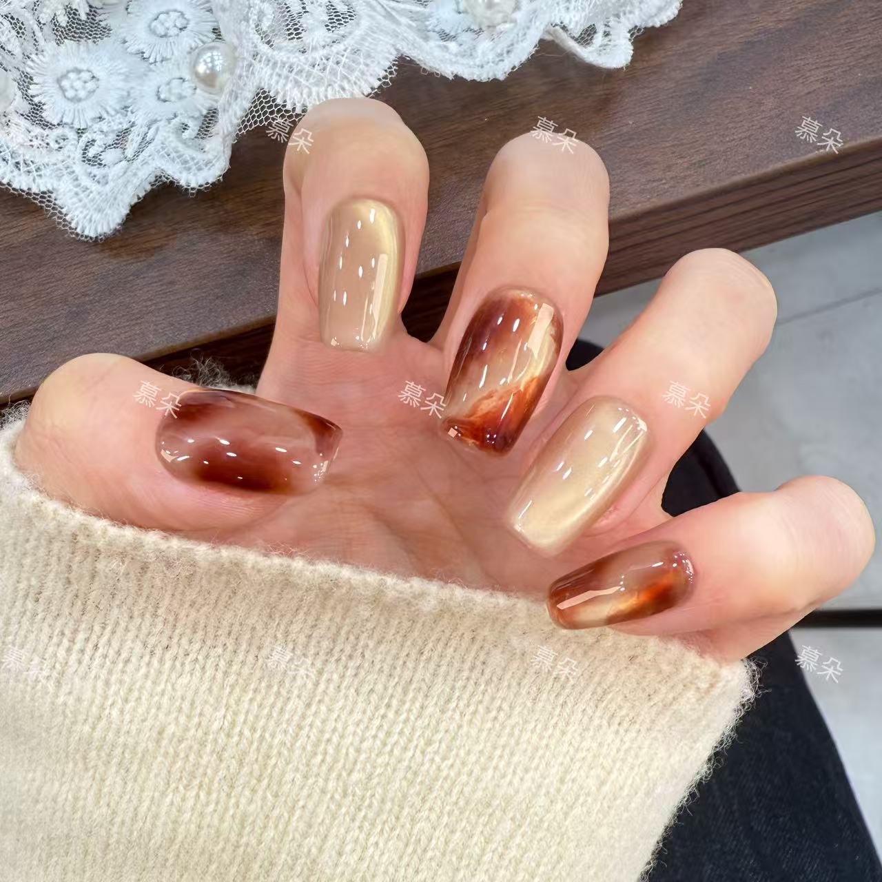 慕朵【金秋琥珀】纯手工穿戴甲气质显白轻奢美甲成品假指甲十片装