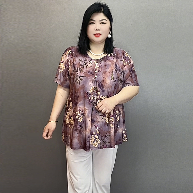 中老年圆领加大码妈妈装宽松气质短袖小衫遮肚子碎花显瘦薄款Tt恤