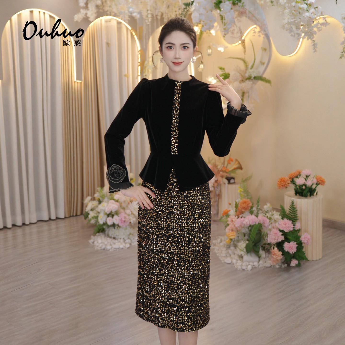 【米米定制】2025年秋冬新款气质高腰修身复古名媛连衣裙OHDRI12043