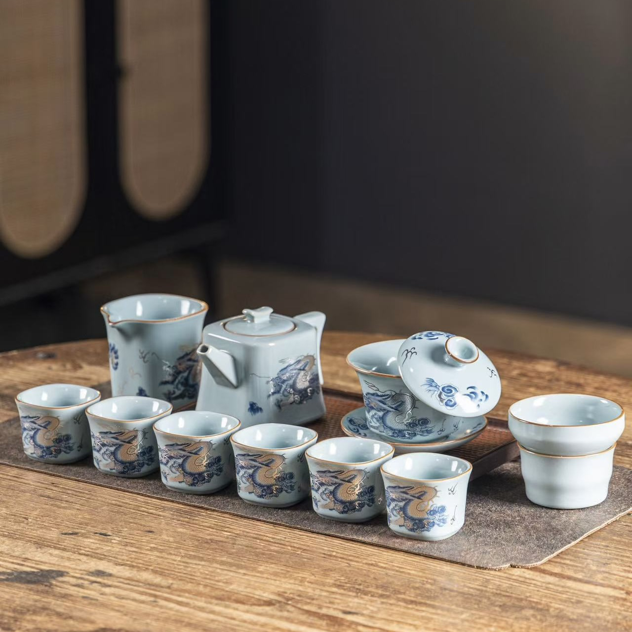 A-158(礼盒装)高档可悬停盖碗陶瓷茶具天青汝窑掐丝银泡茶壶套装