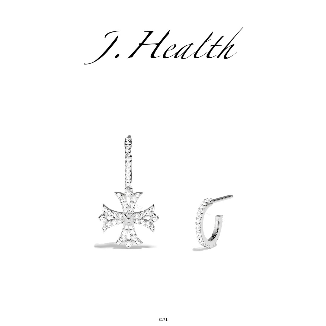 克珞琳德 925银耳饰 J.Health 银白色十字架不对称圈形耳环E171