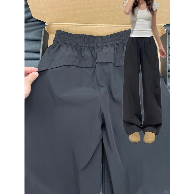 黑色速干工装裤女夏季薄款高腰垂感显瘦阔腿裤宽松休闲美式运动裤