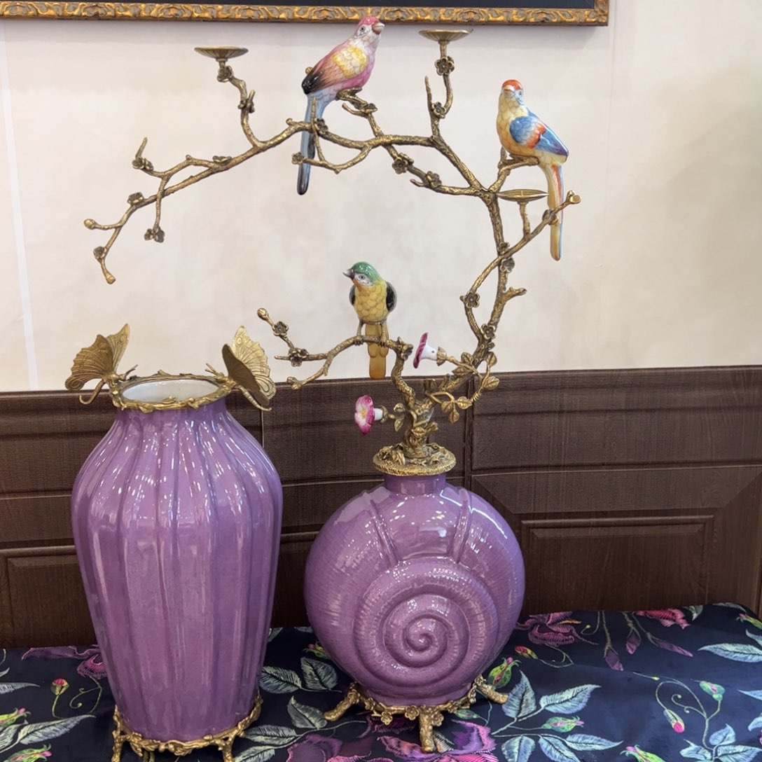 紫色铜配瓷花瓶➕烛台套装