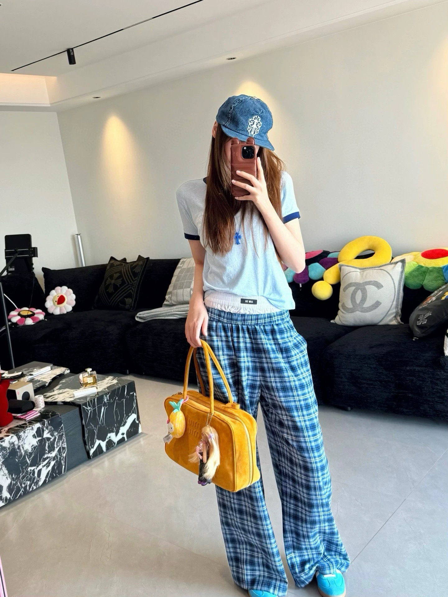 25S～蓝色格纹双腰头运动休闲裤直筒长裤