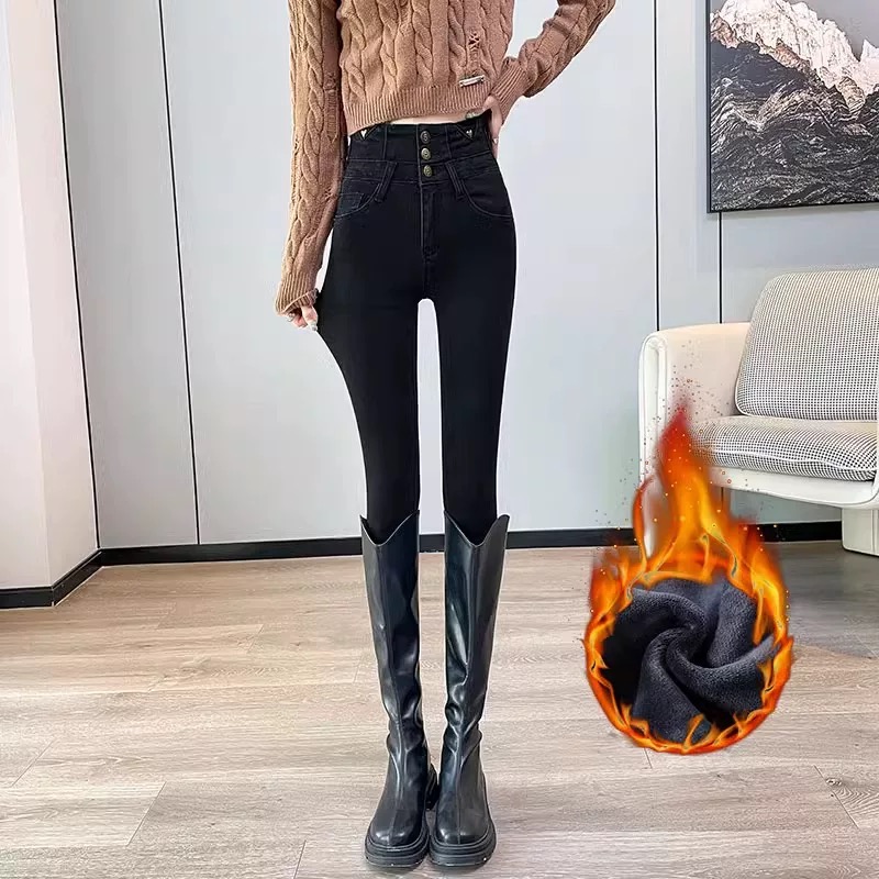 975加绒加厚三粒扣牛仔弹力小脚裤高腰显瘦紧身外穿修身女裤