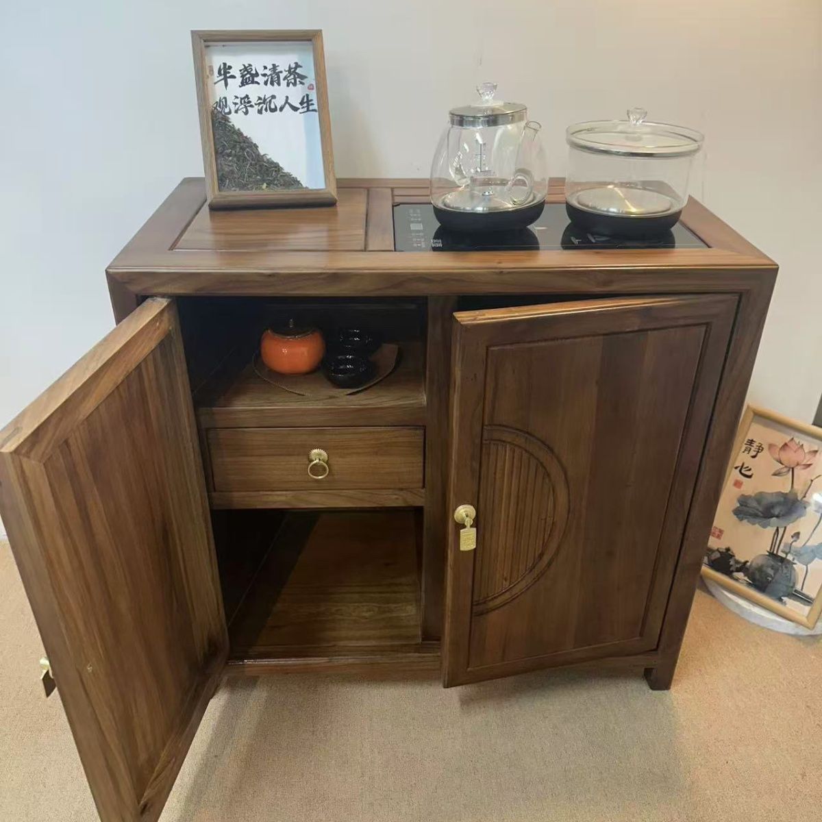 新中式新款茶边柜全封闭储物柜客厅收纳柜阳台柜75*40*70的尺寸