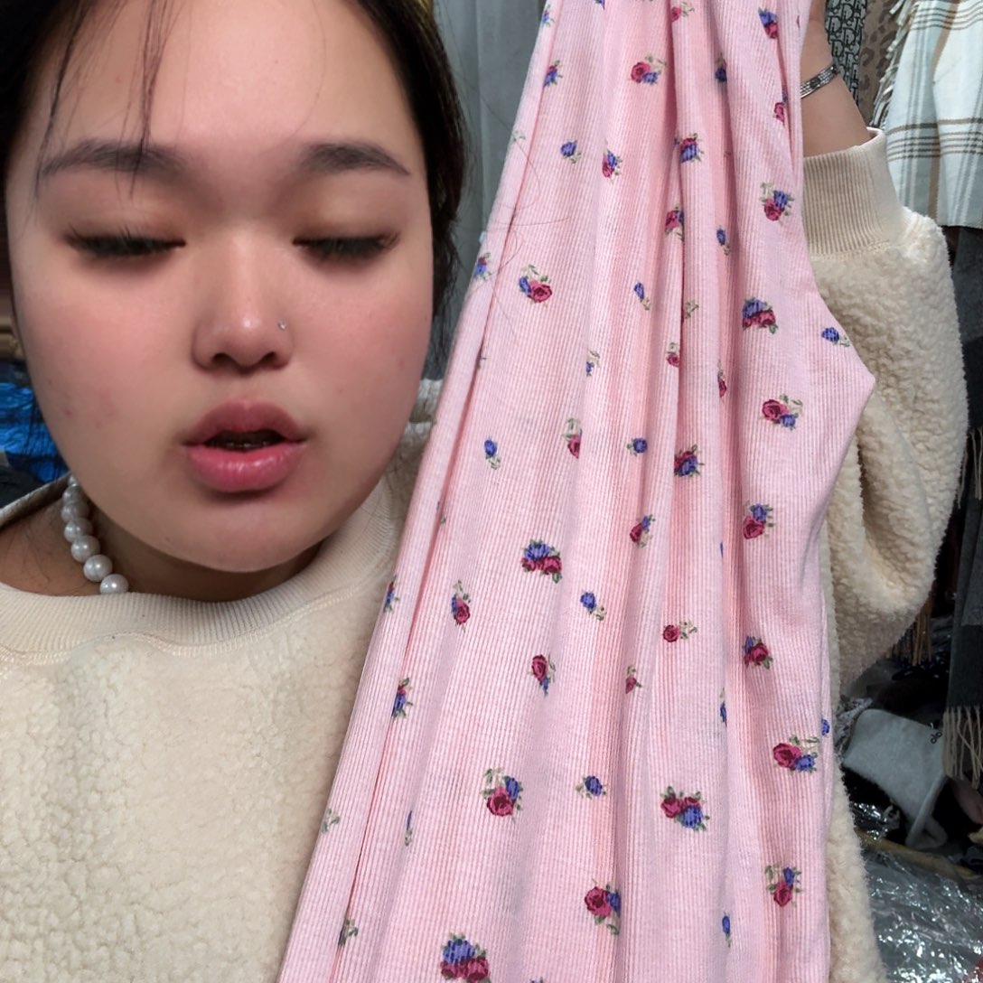 粉色碎花螺纹阔腿裤