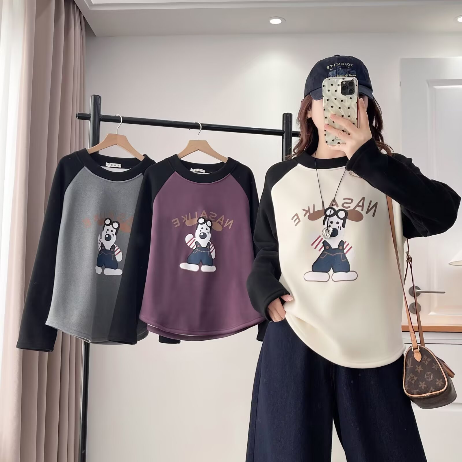 CC大码女圆领加绒加厚胖mm冬季卡通狗狗卫衣打底秋冬潮流休闲加厚