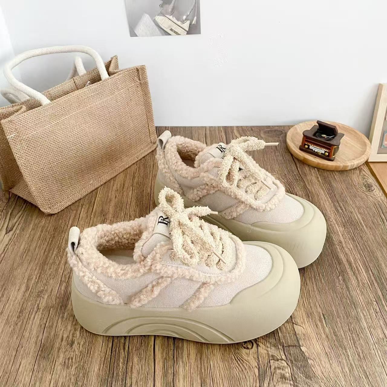 A367厚底面包鞋女加绒加厚保暖2025冬季新款百搭圆头增高棉鞋板鞋