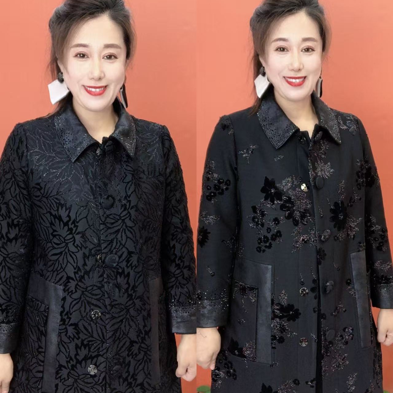 天明宇809烫金花中长款外套