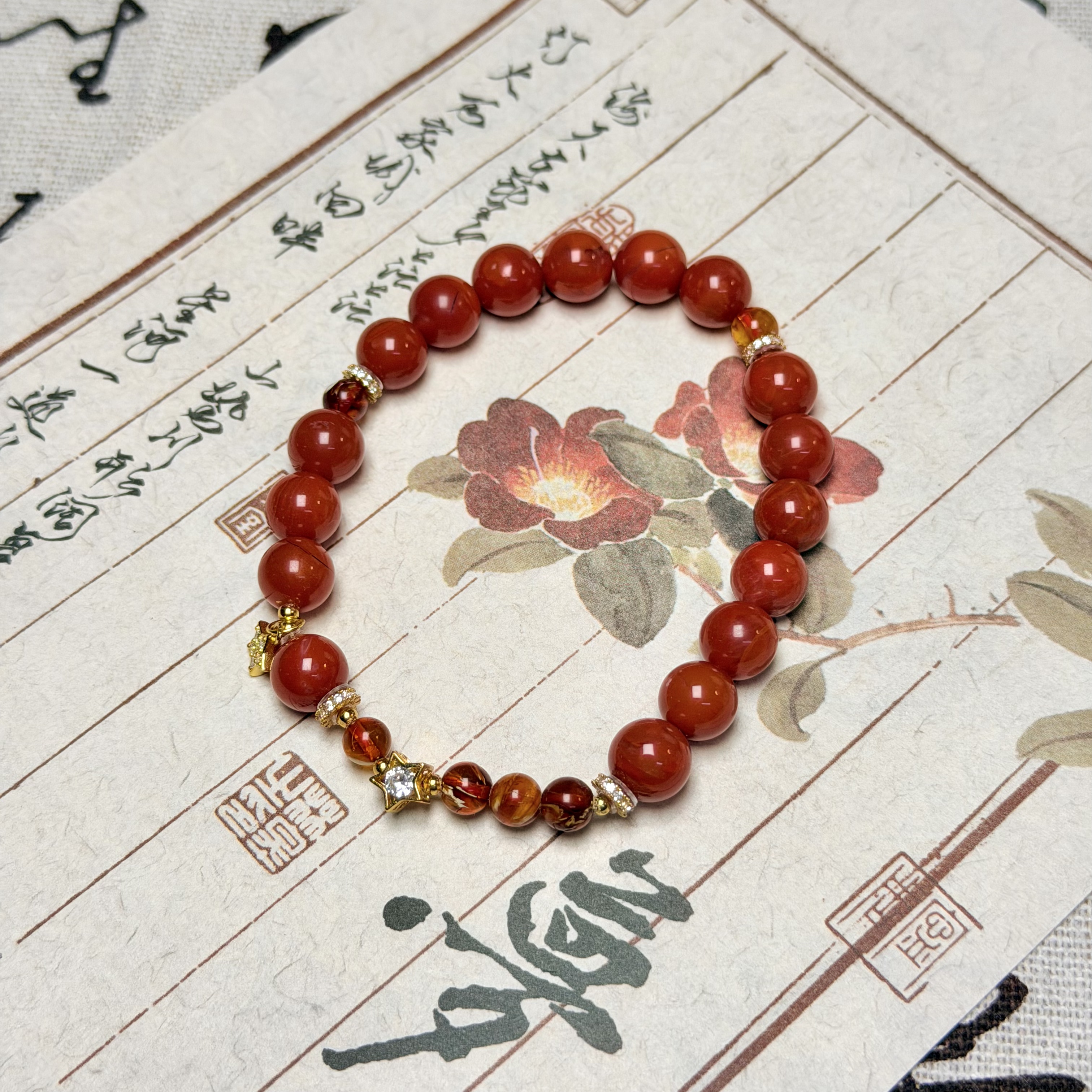 【鸿莱】ZX198611南红圆珠单圈手串diy蜜蜡沁色珠5-8mm+