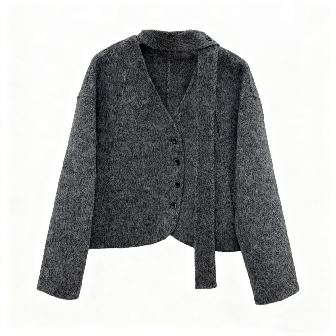 羊驼毛2025新款高货V领可拆卸飘带气质款