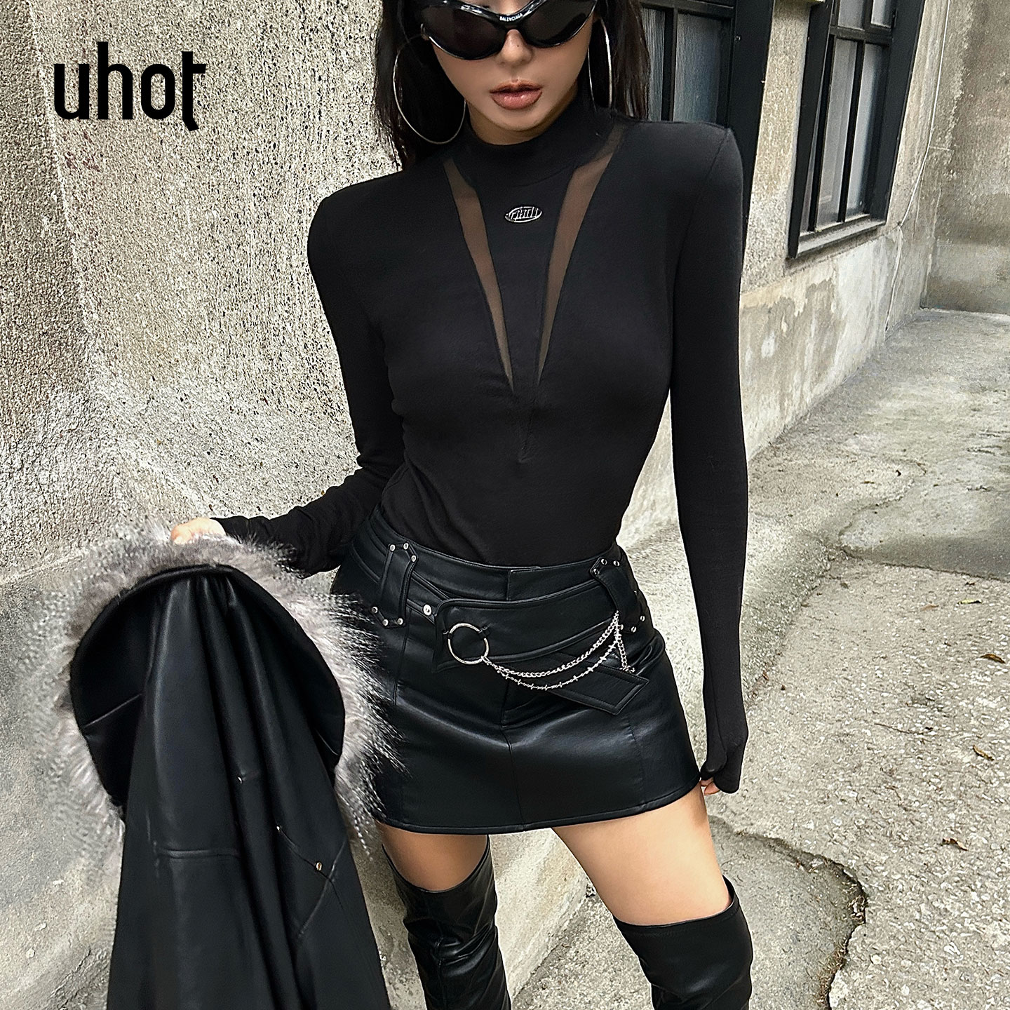 UHOT/诱货黑色蝴蝶镂空修身上衣女经典冬季女士打底衫 UWWW2N709M