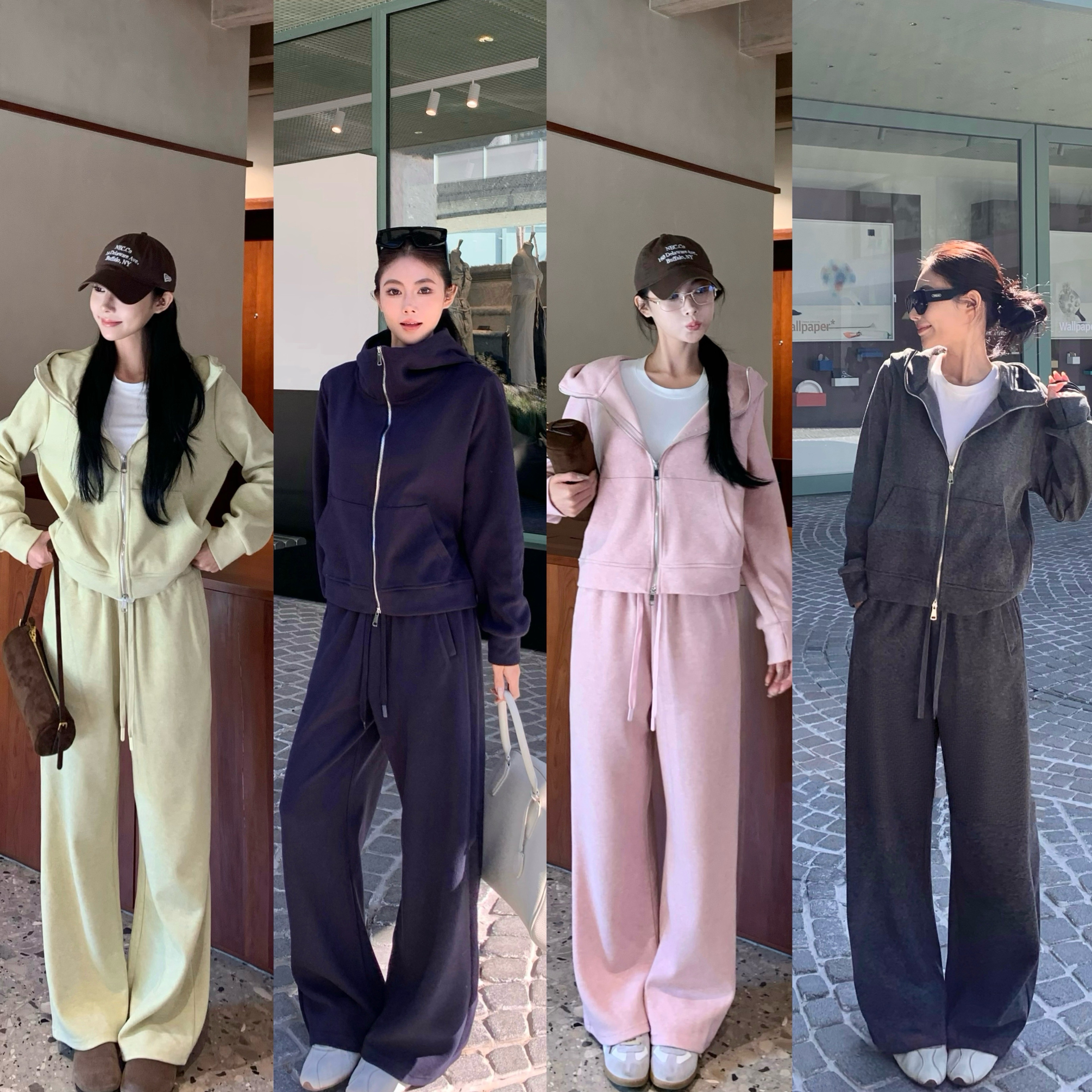 休闲运动老钱慵懒套装卫衣加绒炸街连帽韩版开衫外套高腰阔腿裤