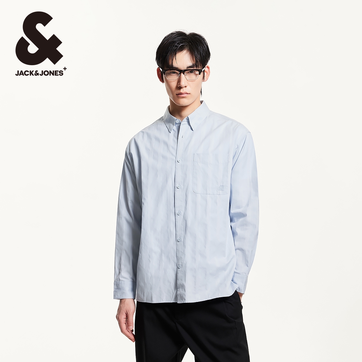 重复父亲节礼物杰克琼斯男士纯棉长袖翻领衬衫潮百搭宽松条纹舒适