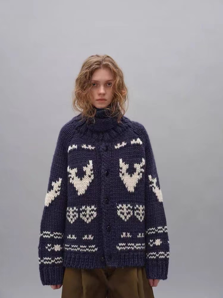 慵懒风高领费尔岛提花针织开衫女秋冬季加厚外搭毛衣外套洋气独特