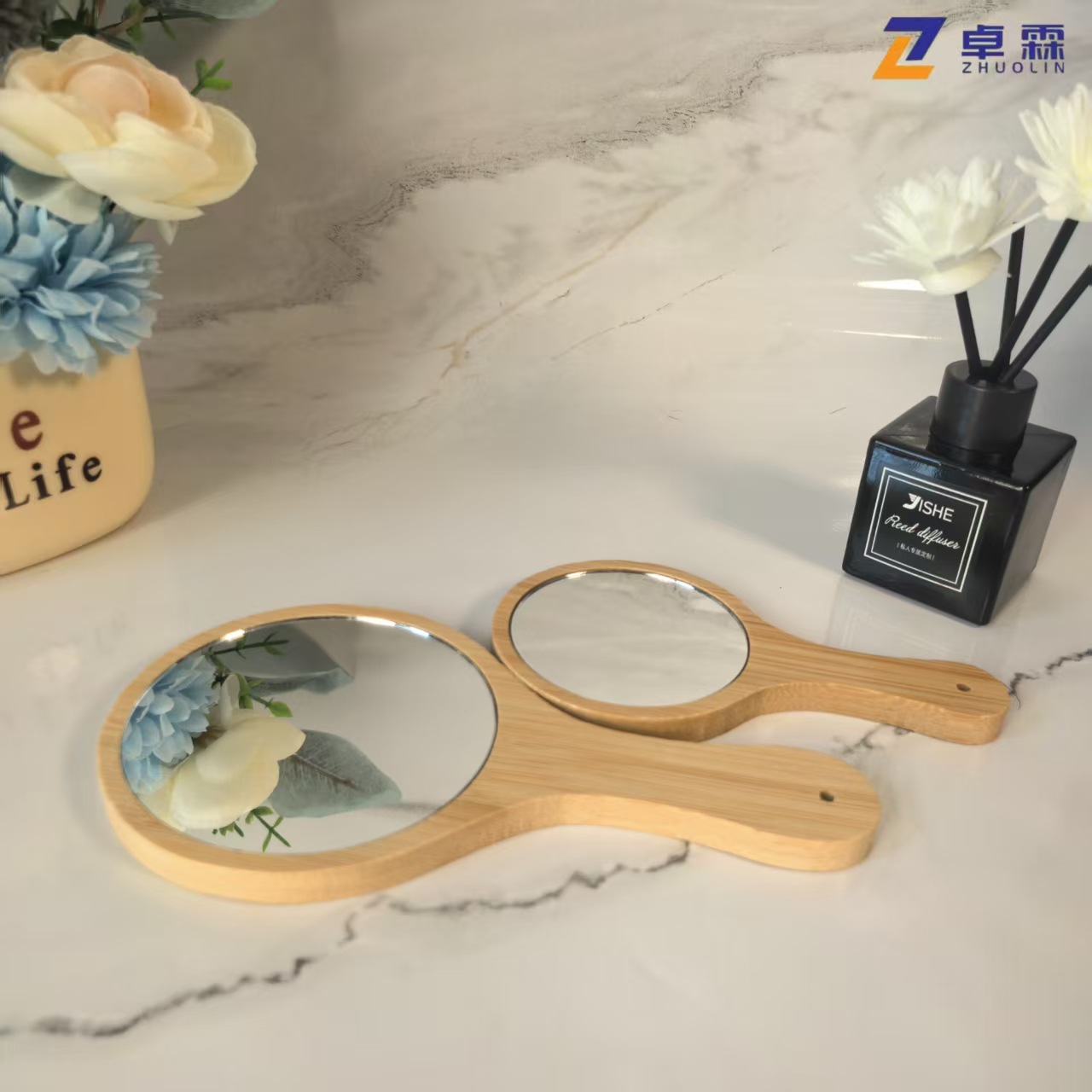 化妆镜随身便携随身镜木质手柄镜子美容院手持镜