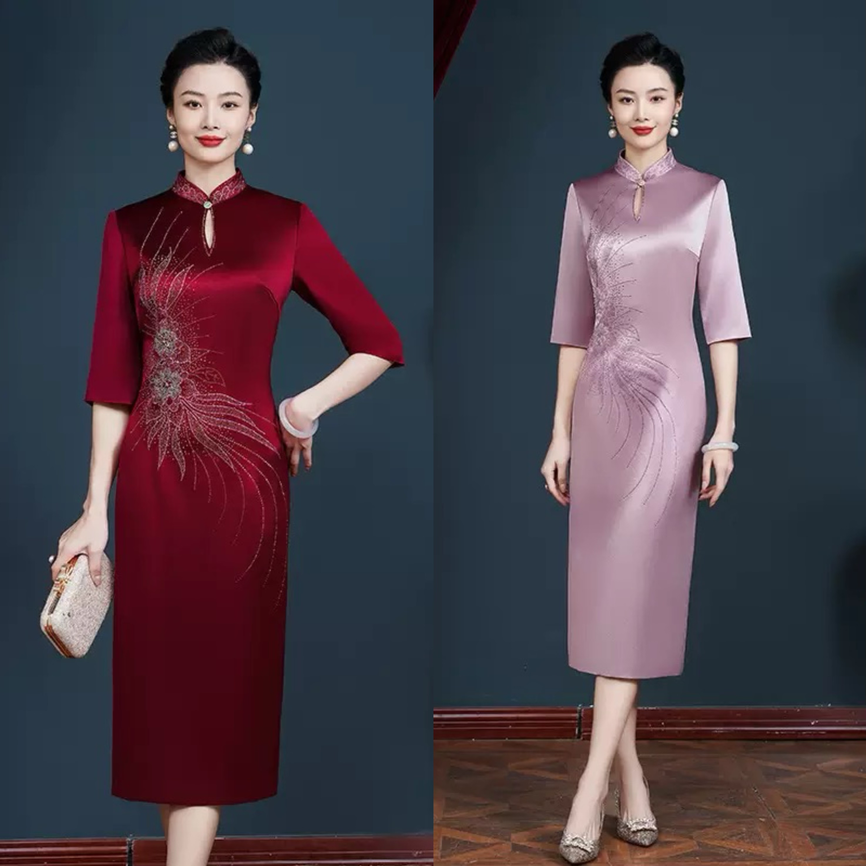 【高定礼服】后开叉改良旗袍进口三醋酸喜妈妈婆婆婚宴礼服敬酒服Y