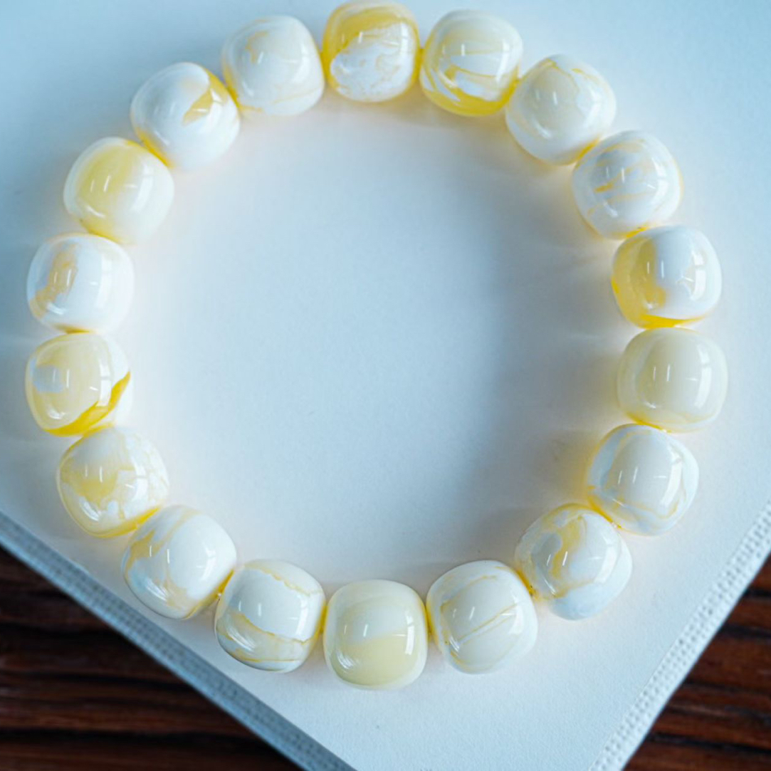 同料12m橘底瓷白溶洞妖花高桩老型手串，橘白相间