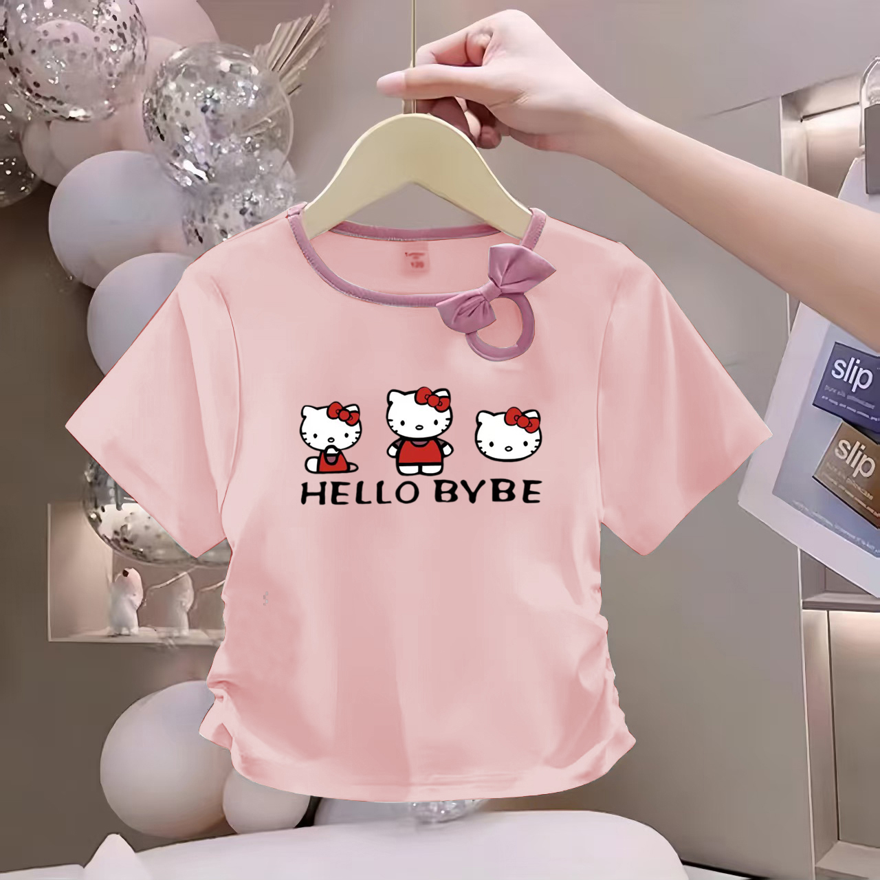 公主风蝴蝶结T恤上衣印花夏季女短袖韩版t恤女童