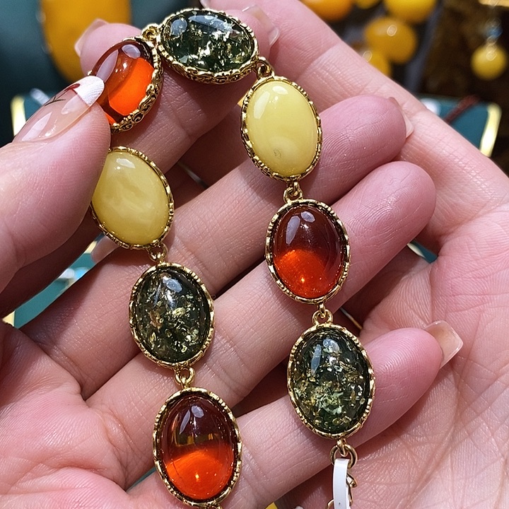 蜜蜡手链银S925镀金镶嵌