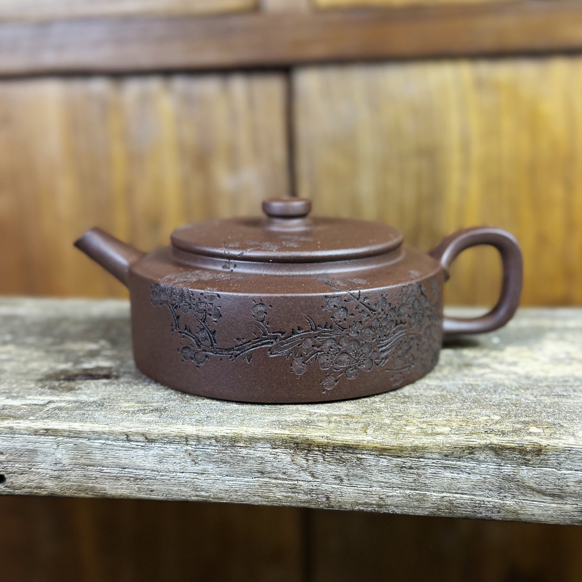 纯手工紫砂壶周盘紫砂壶墨梅刻绘半手工制作