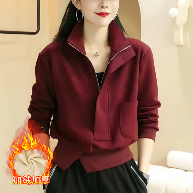 2025冬季新款德绒加绒加厚保暖卫衣女纯色口袋拼接拉链长袖上衣女