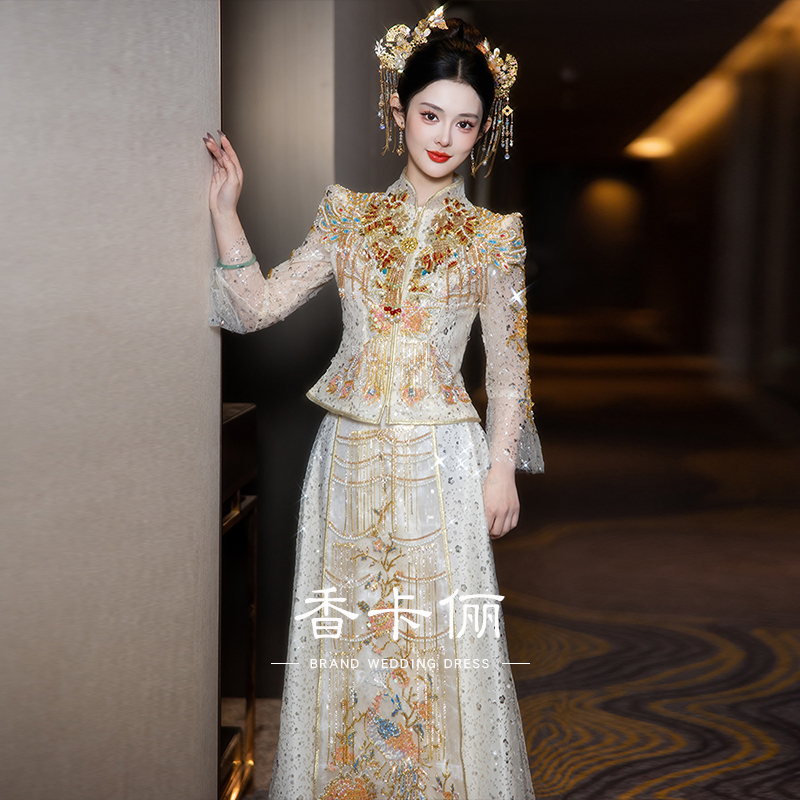 2025秀禾服新款香槟色出阁礼服气质显瘦新娘结婚嫁衣中式迎亲礼服