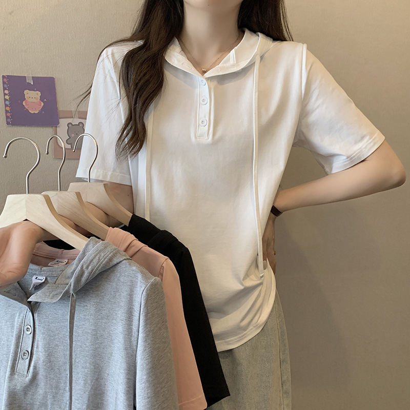 6376大码女装2023夏装宽松显瘦短袖T恤胖妹妹百搭遮肚连帽上衣潮