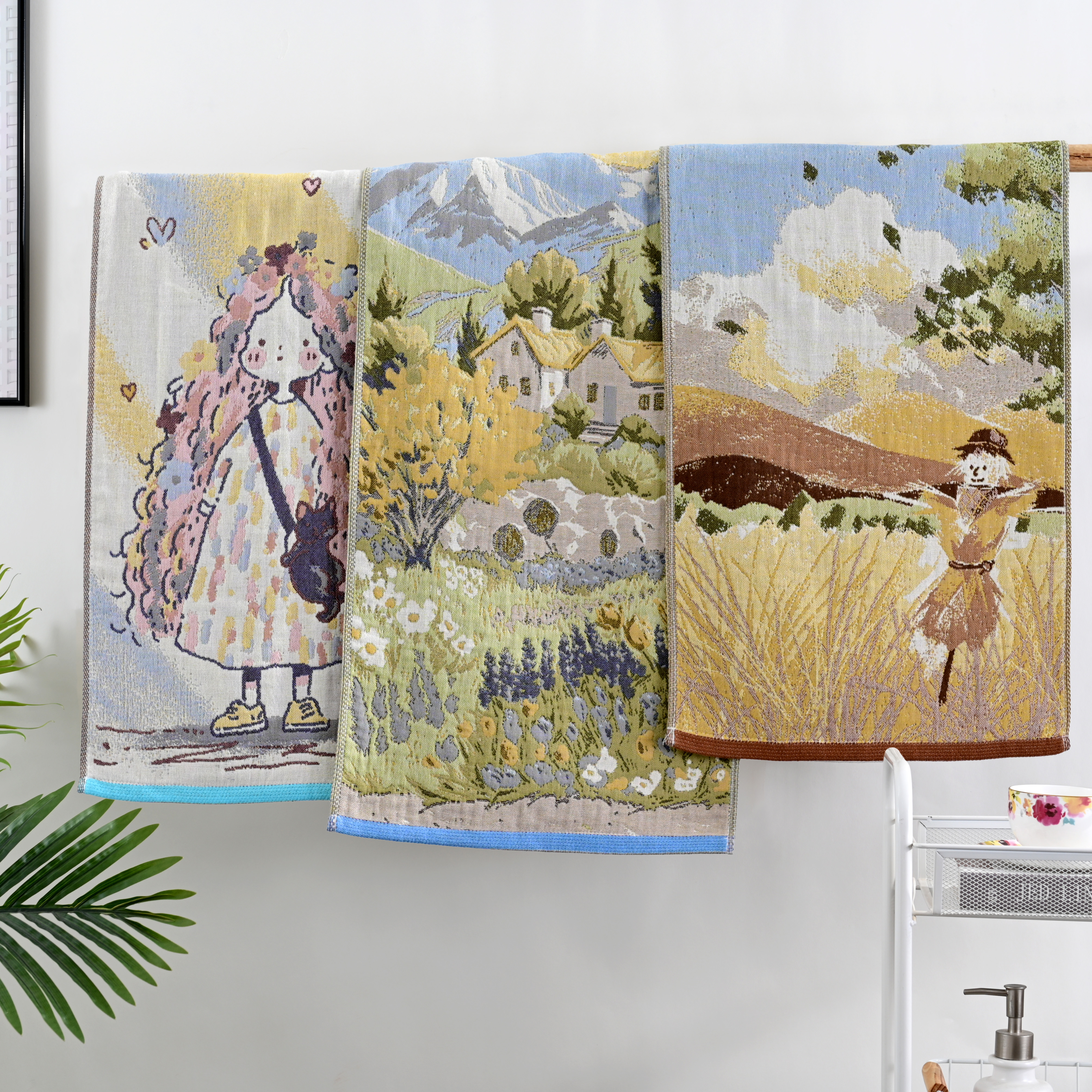 【3条】35*75多功能家用汉麻棉柔软吸水不掉毛不掉色毛巾印花