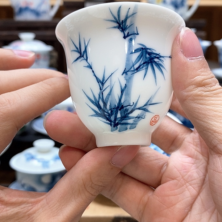 手绘竹子主人杯75cc一个装釉下彩微瑕福利款