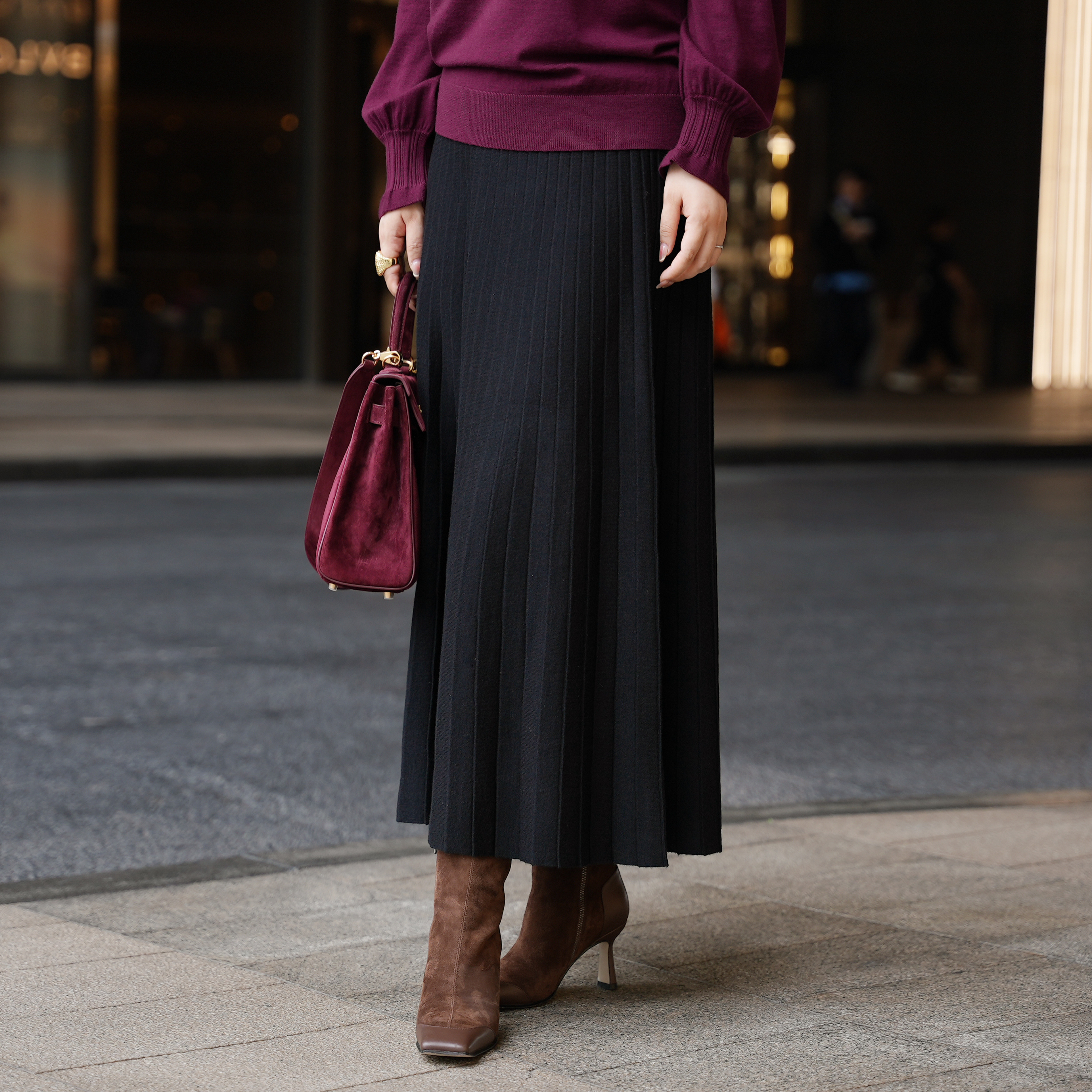 2025秋冬百搭中高腰A字显瘦羊毛针织大摆百褶半裙BQ012