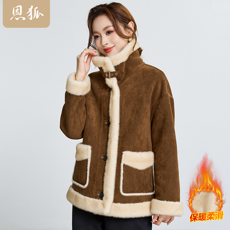 恩狐冬装新款加厚加绒保暖一体毛外套中年女装时尚气质大衣