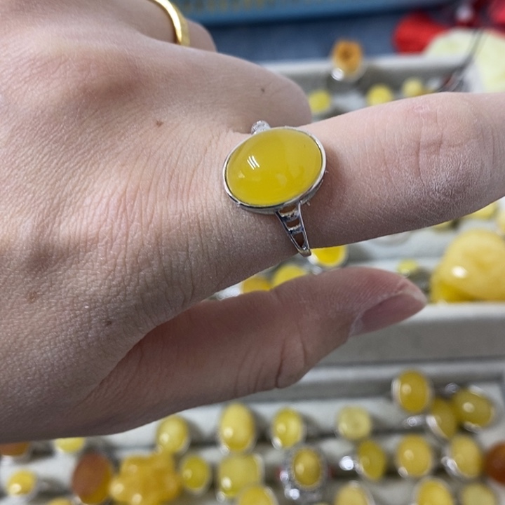 蜜蜡裸石银S925镶嵌戒指