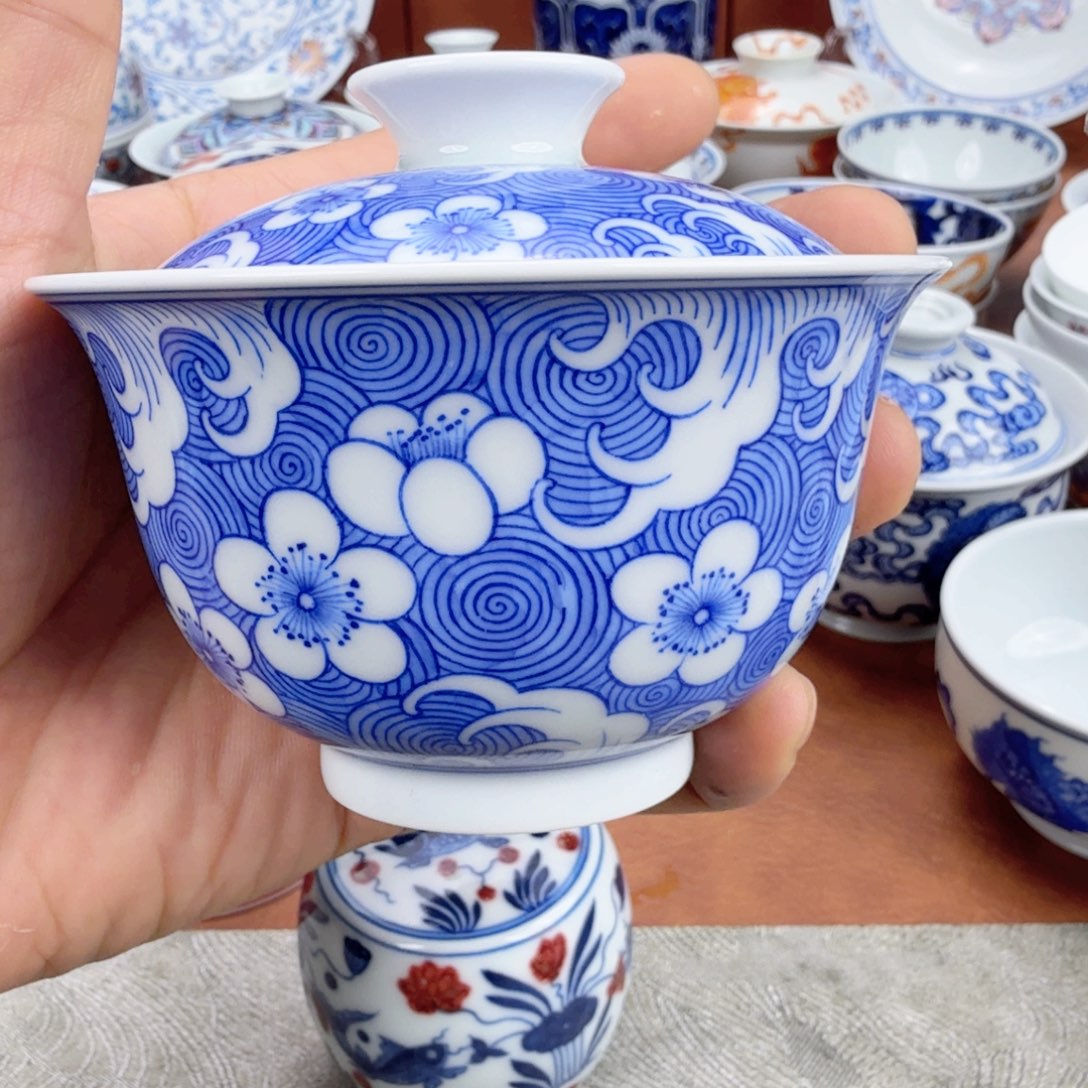 陶摆件特价青花盖碗